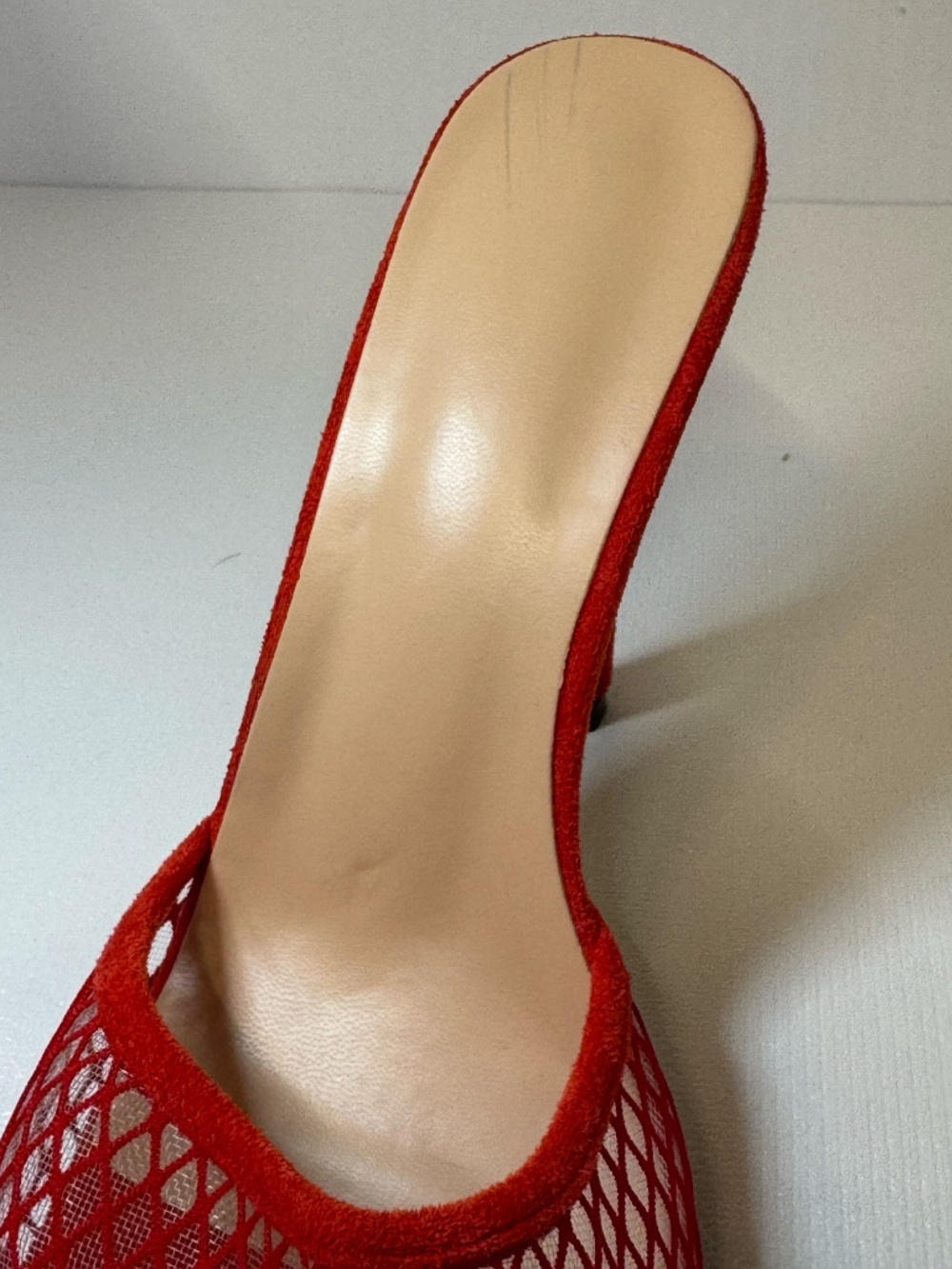 Red Mesh Mule Heels 7.5/8 Open Toe Stiletto Slide Sandals Statement Heels EU38 - Picture 9 of 11